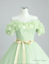 A-Line Off Shoulder Tulle Sage Green Long Prom Dresses